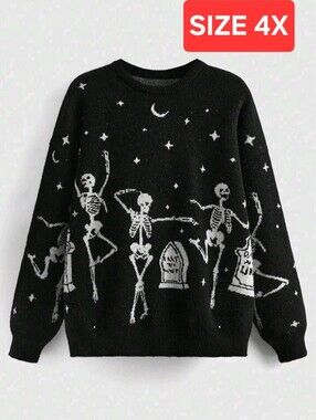 ROMWE Black Crewneck Sweater with White Dancing Skeletons